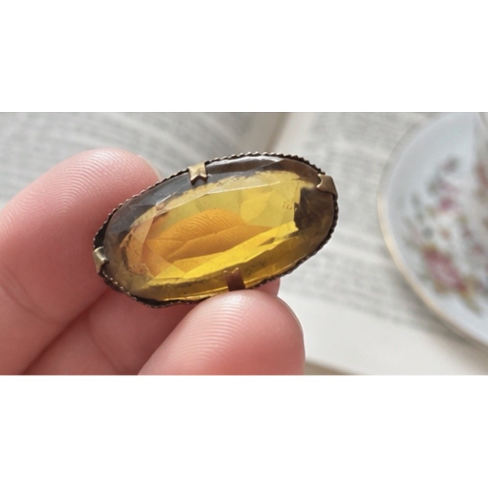 Czech Slov Glass Brooch Pin Amber Yellow Faceted Stone Oval Art Deco 1" VTG/antq